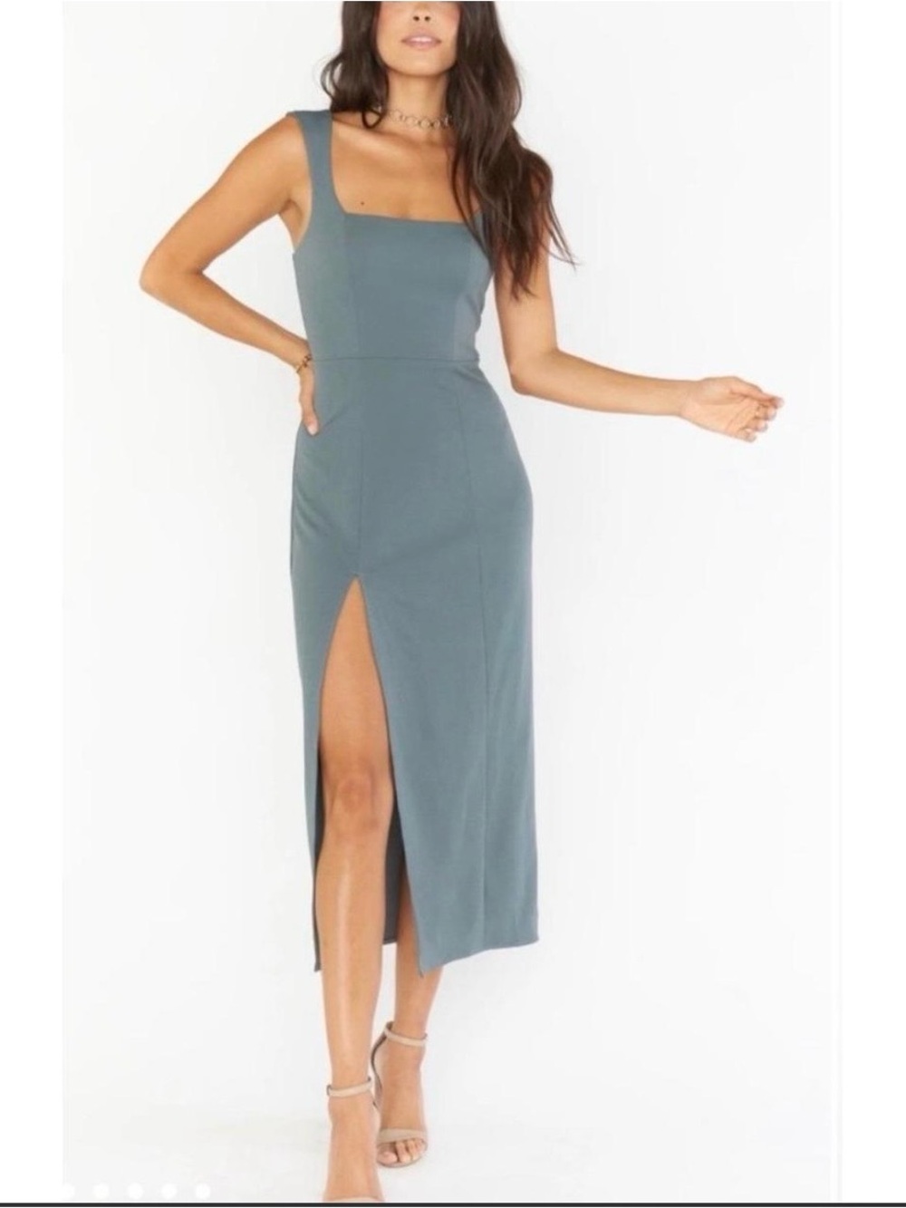 Show Me Your MuMu Slate Green Square Neck Sleeveless Midi Dress